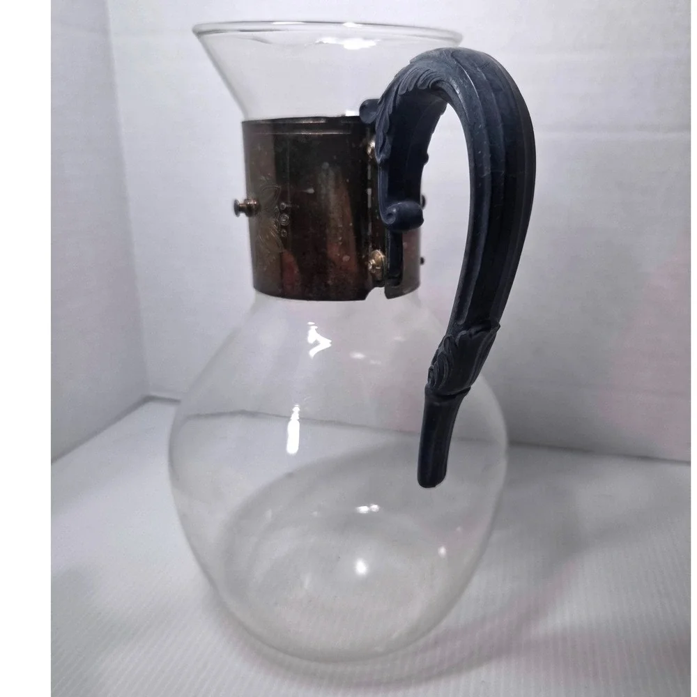 Vintage Glass Carafe Silver Plated Collar Black Plastic Handle Floral Motif